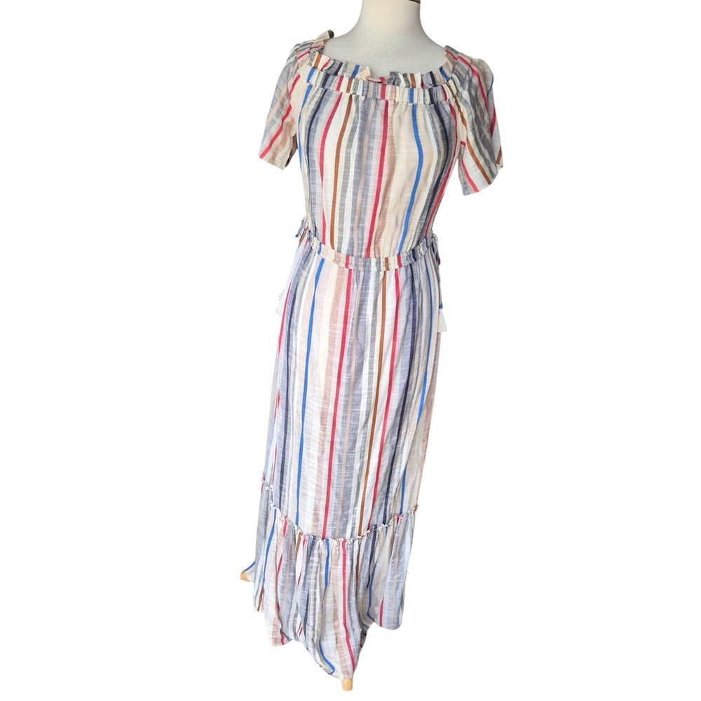 1.STATE Womens Multi-Color Striped Off Shoulder Ruffle Maxi Dress Small - Picture 2 of 5